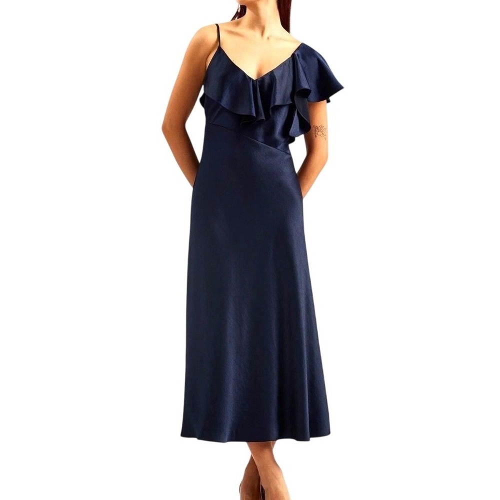Ted Baker‎ Size 6 Keomi NWT Navy Waterfall Ruffle Satin Bias Cut Midi Dress TB 2